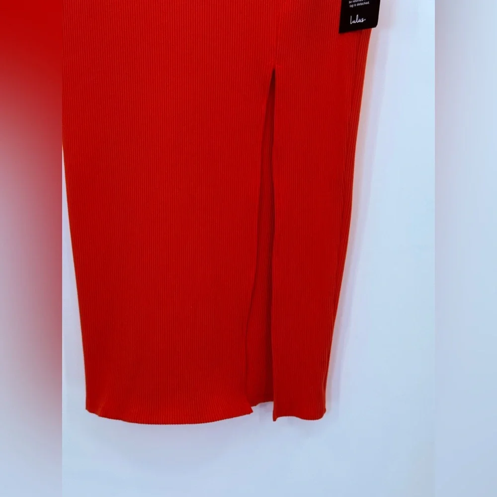 Lulus Burnt Orange Ribbed Knit Midi Pencil Skirt Side Slit Bodycon High-Waisted
